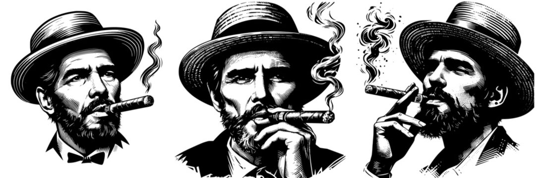 Vector drawings of  cuban man smoking a cigar wearing a summer hat