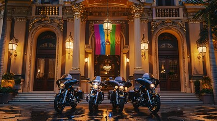 Fototapeta premium 23. A fleet of luxury motorcycles, each decorated with different aspects of the Pride flag, arranged in front of a grand hotel entrance with ornate architectural features