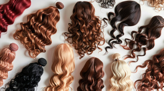 A variety of long and curly wigs arranged on a white surface.