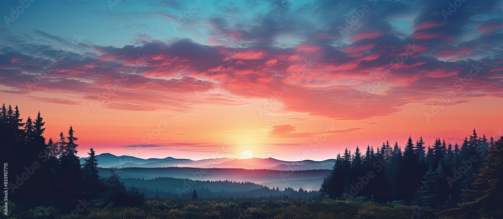 Poster a scenic view showcasing the outline of a forest against a colorful sunset sky, providing ample copy