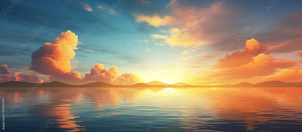 Poster the sunset illuminates the clear sky with a golden shine, creating a picturesque scene with ample co