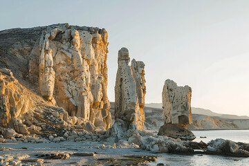 towering rock formations by the sea under a clear sky, creating a dramatic natural landscape