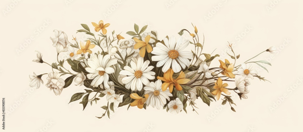 Poster Vintage style bouquet made of chamomile wild flowers, with space for text or graphics in the image. with copy space image. Place for adding text or design
