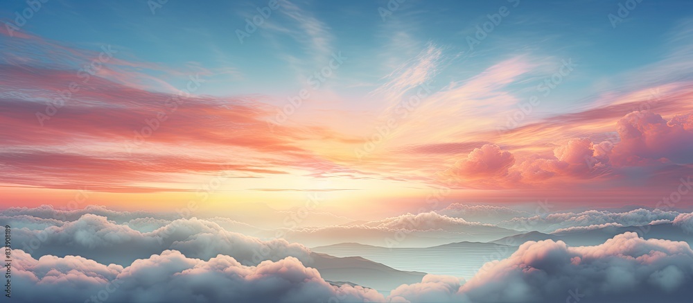 Poster a scenic view of clouds over a serene landscape with a mystical sunset background, perfect for a cop
