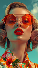 Obraz premium Retro style pastel colors summer background. Fashion woman wearing big sunglasses.