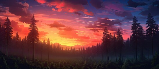 Obraz premium Forest sunset scene with a beautiful sky and copy space image.