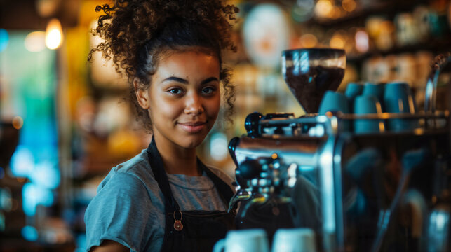 Young African American Barista Smiling Behind Coffee Machine