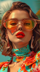 Obraz premium Retro style pastel colors summer background. Fashion woman wearing big sunglasses.