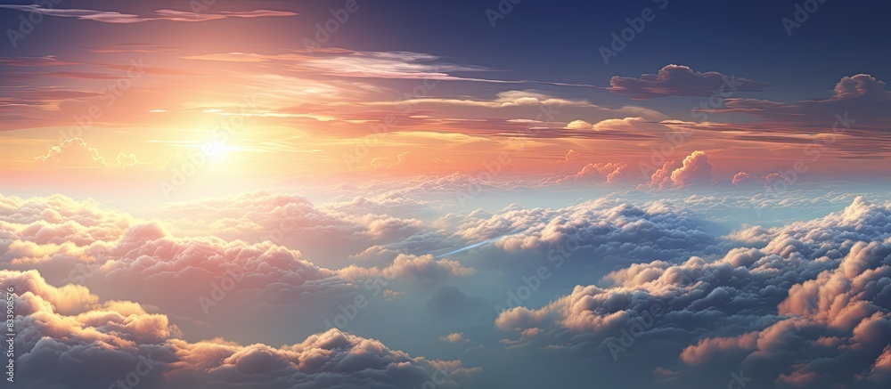 Poster a scenic view of clouds over a serene landscape with a mystical sunset background, perfect for a cop