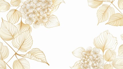 Hydrangeas floral, luxury botanical on white background vector, empty space in the middle to leave room for text or logo, gold line wallpaper, leaves, flower, foliage, hand drawn