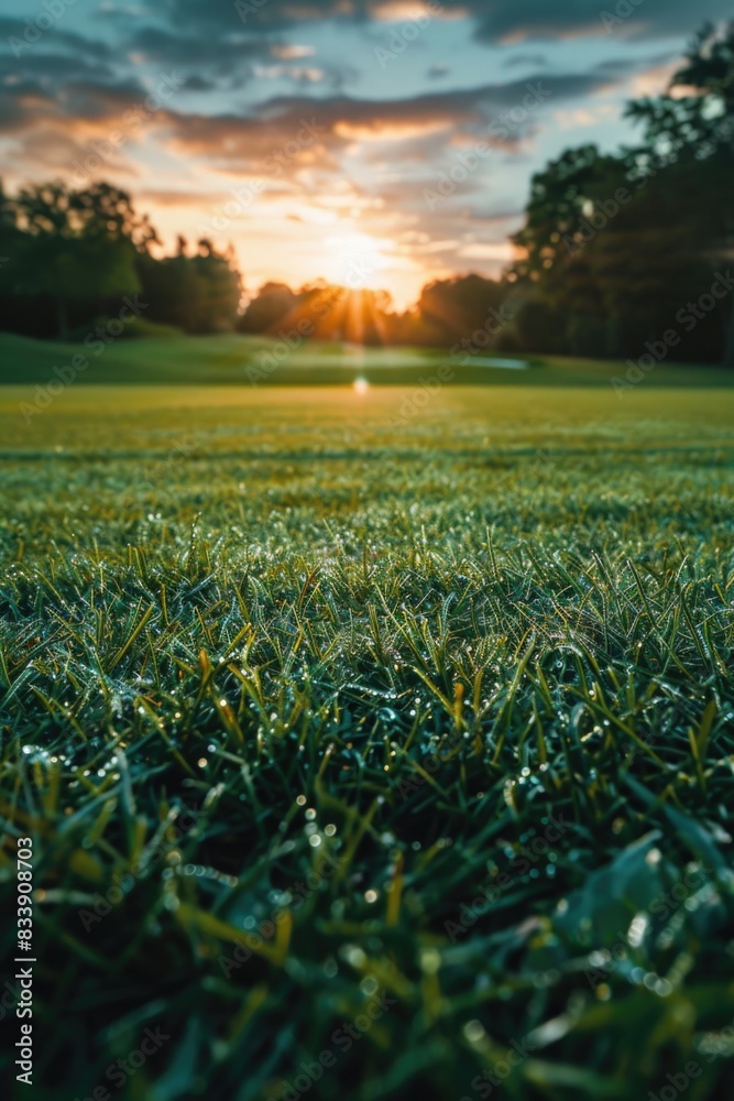 Poster a serene landscape with a field of grass and the sun setting behind, great for use as a peaceful bac