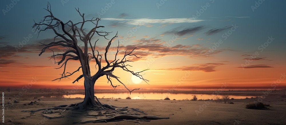Aufkleber overcast sky with a gentle sun and a dead tree in front against a clear background with copy space i