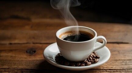 Steaming Cup of Coffee with Beans