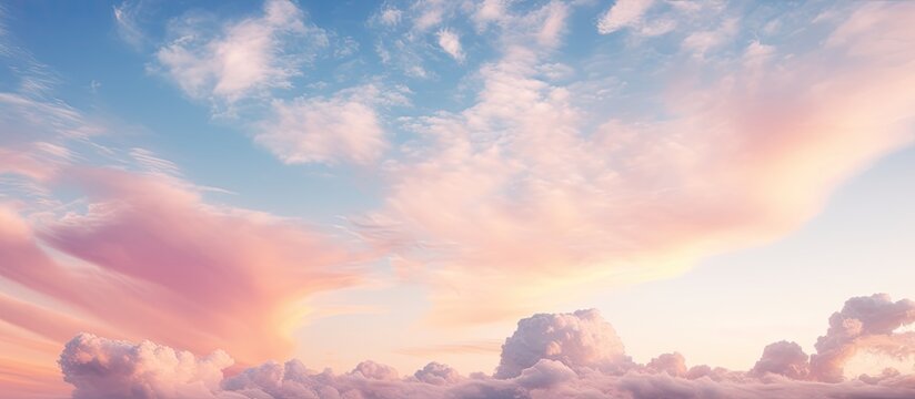 Morning sky at sunrise displaying soft pink clouds with yellow hues, offering a serene backdrop for copy space image.