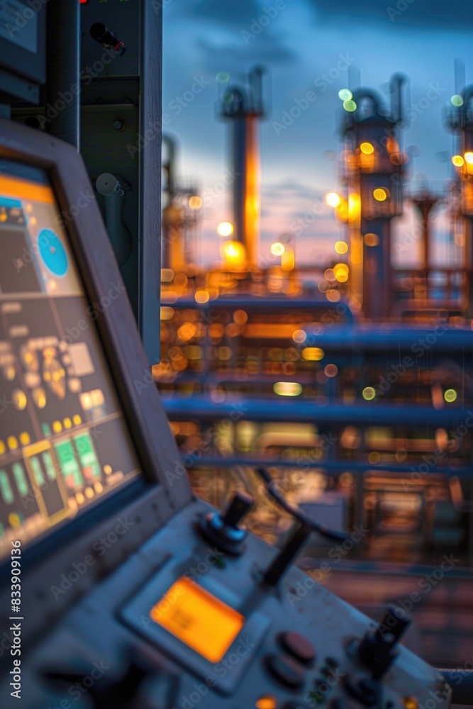 Poster control panel at the front of an oil refinery, with various controls and gauges