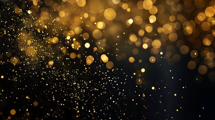 A shimmering abstract bokeh background with golden particles on a dark backdrop symbolizes...