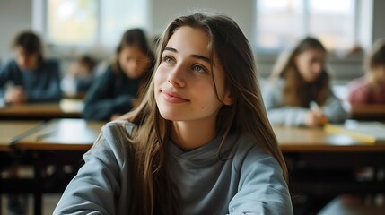 A thoughtful young female student gazes upwards while sitting in a classroom with other students in the background. 