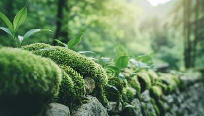nature s embrace moss and plants growing on stone wall - Powered by Adobe