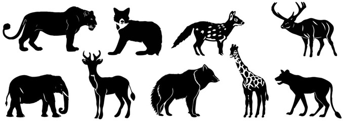 Wild animals black silhouettes. Elephant, giraffe, lion, hippo, hyena, rhin, zebra. Wild, domestic animals icons. Set of black animal silhouette.