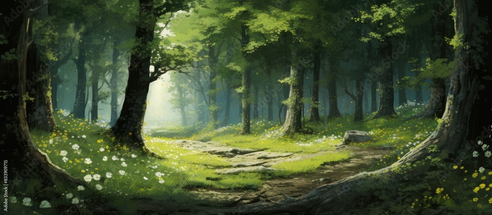 Poster A gentle summer wind rustling through trees and grass, evoking a sense of warmth and tranquility. with copy space image. Place for adding text or design