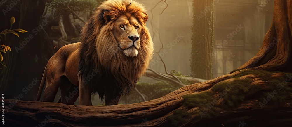 Poster the majestic lion, known as the king of the jungle, roams proudly in its natural habitat with a stri