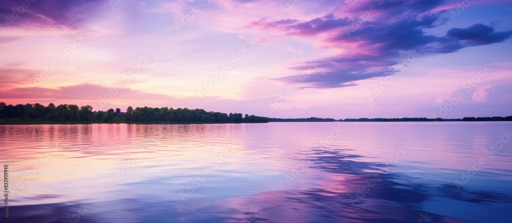 Aufkleber a serene scene of a purple sunset reflected on the tranquil lake, creating a picturesque view with s