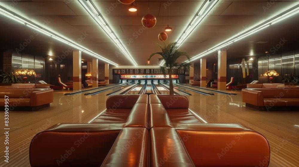 Poster A modern bowling alley with multiple lanes and comfortable seating areas