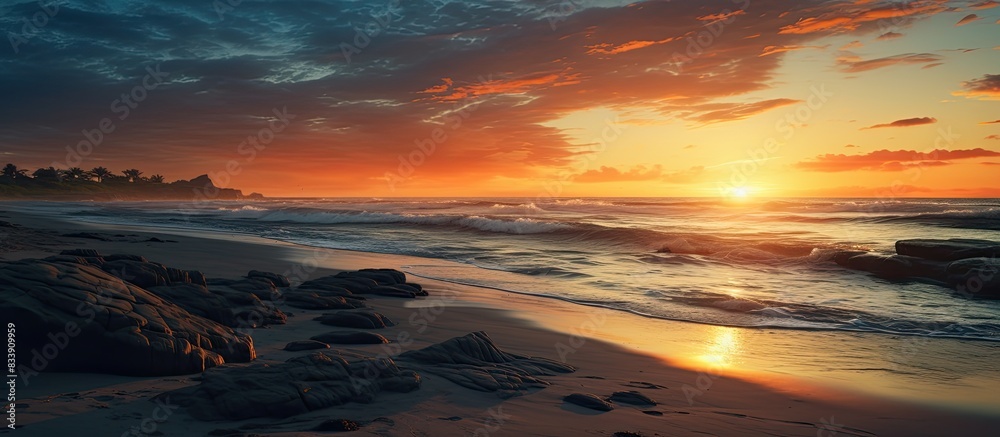 Poster capture a stunning landscape image of a beach at sunset with copy space image.