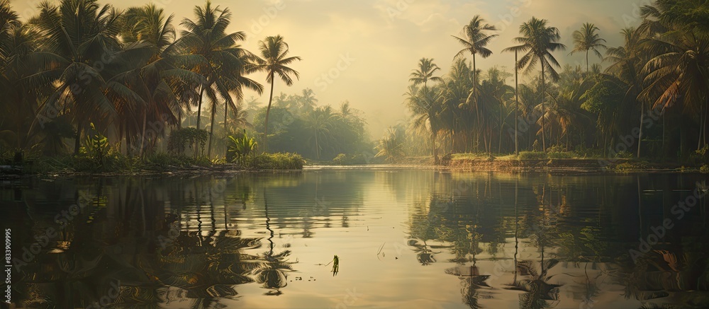 Poster Coconut palm trees are reflected in the pond, creating a serene and tranquil scene with a beautiful copy space image.