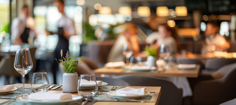 a close-up image of a stylish restaurant interior with a focus on a beautifully set table, while blurred diners and waitstaff create a lively atmosphere in the background, Interior