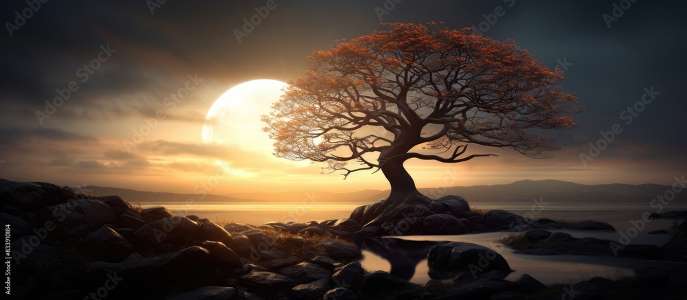 Fototapete The tranquil evening scene with the sun casting a warm glow on the gray sky, creating a captivating silhouette of a tree in the backdrop. with copy space image. Place for adding text or design