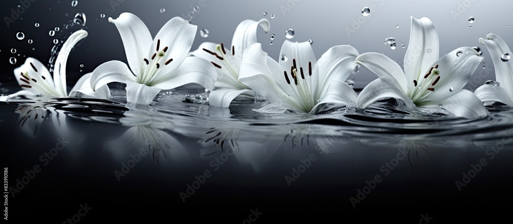 Fototapete a monochromatic image of lily flowers floating on water with a blank area for text or design, known 