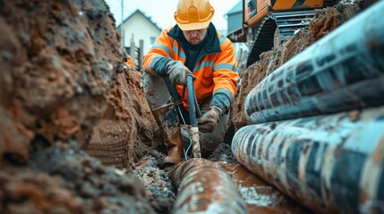 A person in an orange jacket is fixing a pipe