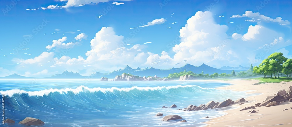 Poster scenic seaside view with stunning clay beach, including copy space image.
