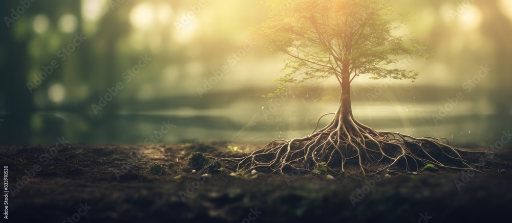 Poster Blurred nature backdrop with leaves and roots, offering copy space image.