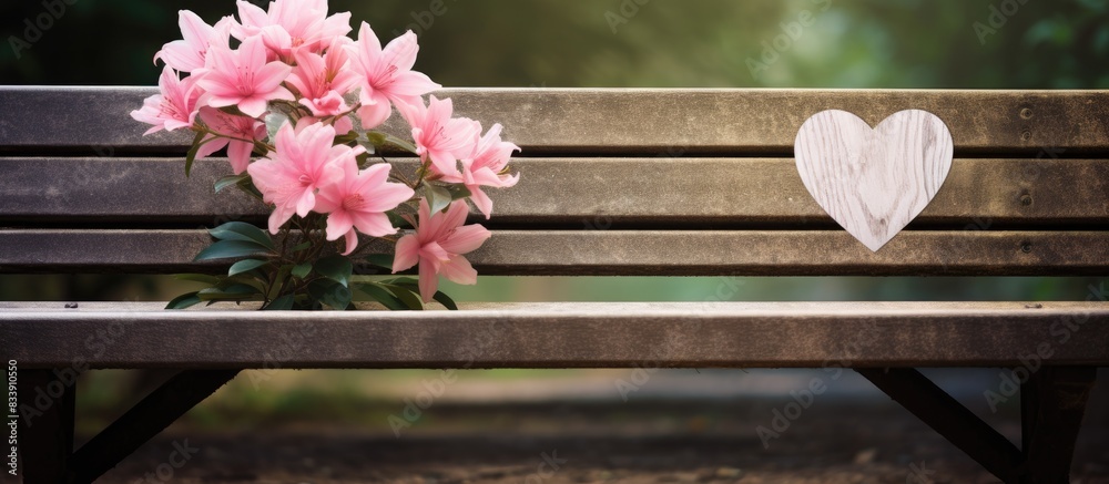 Aufkleber a pink flower resembling a heart shape rests on an antique bench, creating a romantic and picturesqu
