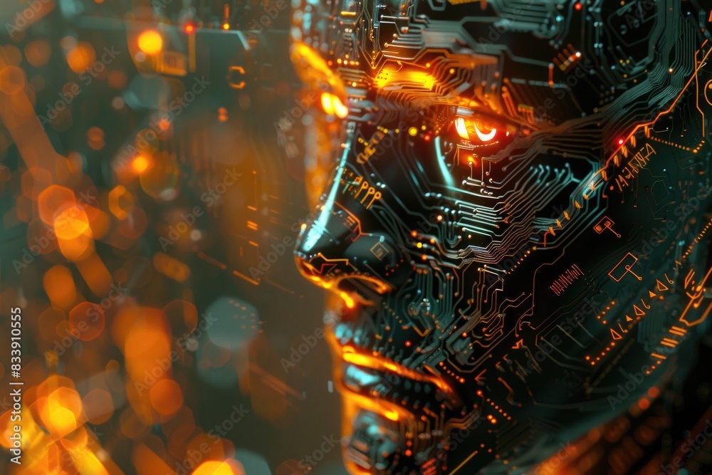 Poster a close-up shot of a robot's face with glowing blue eyes, suitable for technology or sci-fi themed p