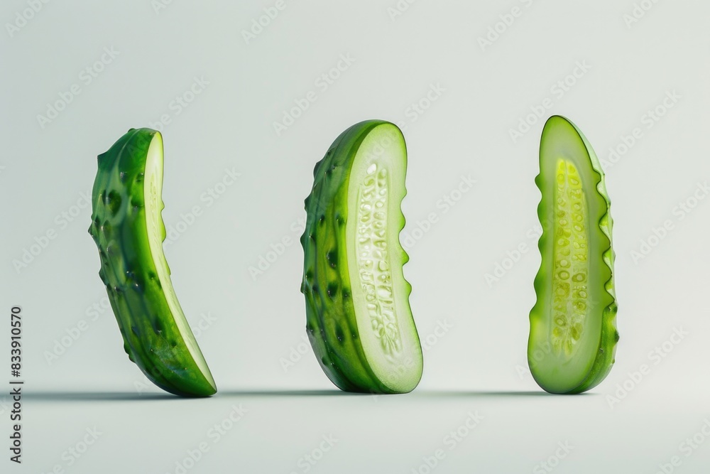 Poster fresh cucumber slices arranged on a clean white surface