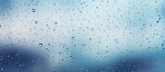 Blurry rain droplets on glass window against a cloudy sky with copy space image.