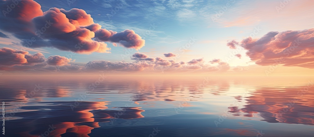 Poster Sunset reflecting on the sea with clouds in the background, creating a serene and picturesque scene perfect for a copy space image.