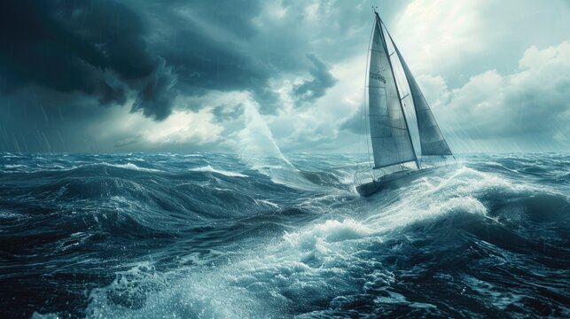 Sailboat navigating through rough seas