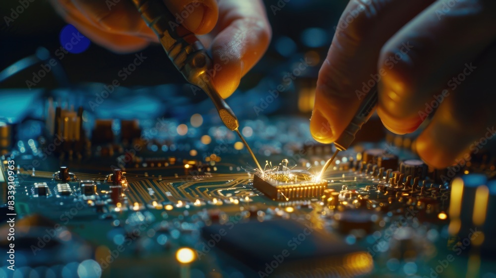 Aufkleber Close-up image of a person working on a circuit board with various electronic components and tools