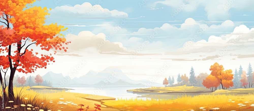 Poster Autumn landscape with flowers, providing a serene natural setting with space for text or other visuals. with copy space image. Place for adding text or design