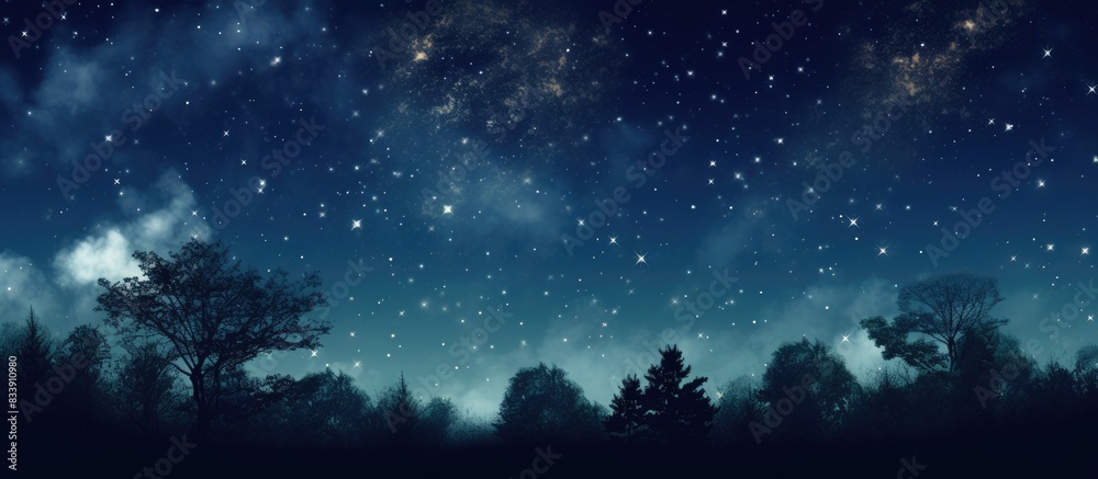 Fototapete Nightly view of small trees under a dark sky full of stars, creating a romantic atmosphere with space for text or images. with copy space image. Place for adding text or design