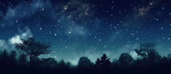 Nightly view of small trees under a dark sky full of stars, creating a romantic atmosphere with space for text or images. with copy space image. Place for adding text or design