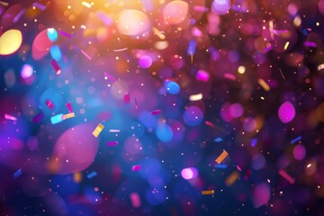 Brightly colored confetti falling from the sky in a dark room, party background