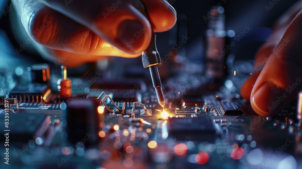 Aufkleber a person works on assembling electronic components on a circuit board