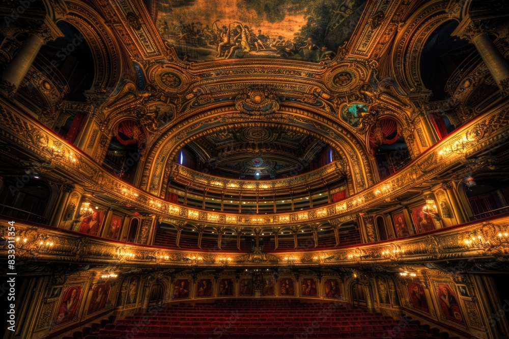 Aufkleber a shot of the inside of a large theater with red seats and chandeliers