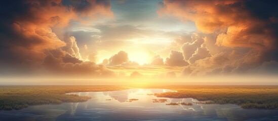 Fototapeta premium Misty clouds fill the evening sky, creating a serene atmosphere perfect for a relaxing evening stroll with a potentially beautiful sunset as a backdrop, ideal for a copy space image opportunity.