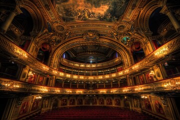 Obraz premium A shot of the inside of a large theater with red seats and chandeliers